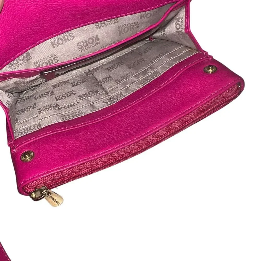 Michael Kors Jet Set Pink Leather Crossbody Bag Gold Logo Small Wallet Purse